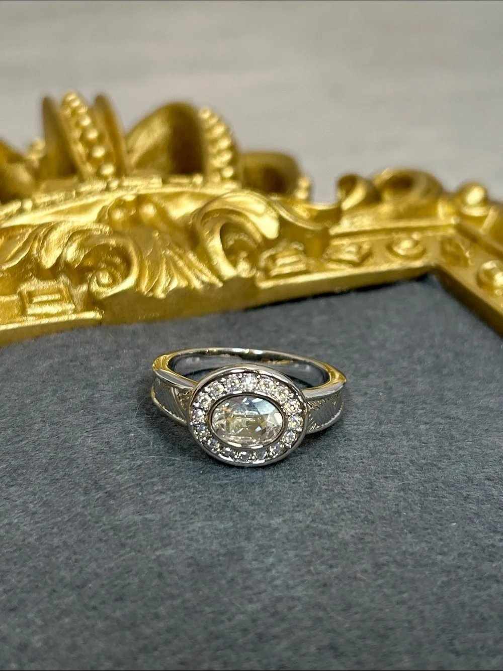 Touchstone Crystal by Swarovski Silver Halo Ring with Clear AB Center Crystal